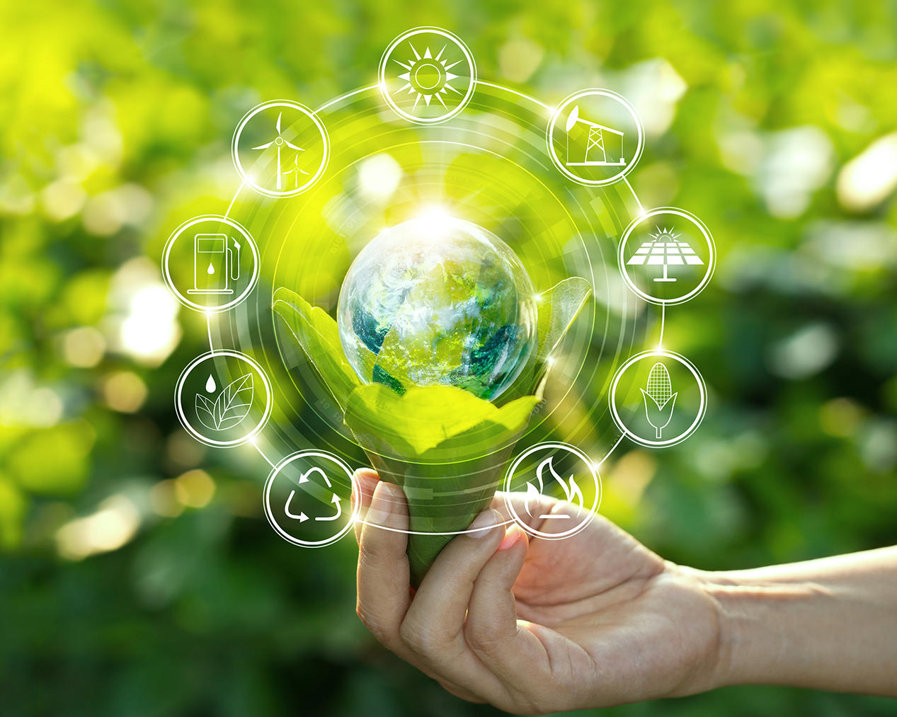 Main qui tient un globe dans des feuilles