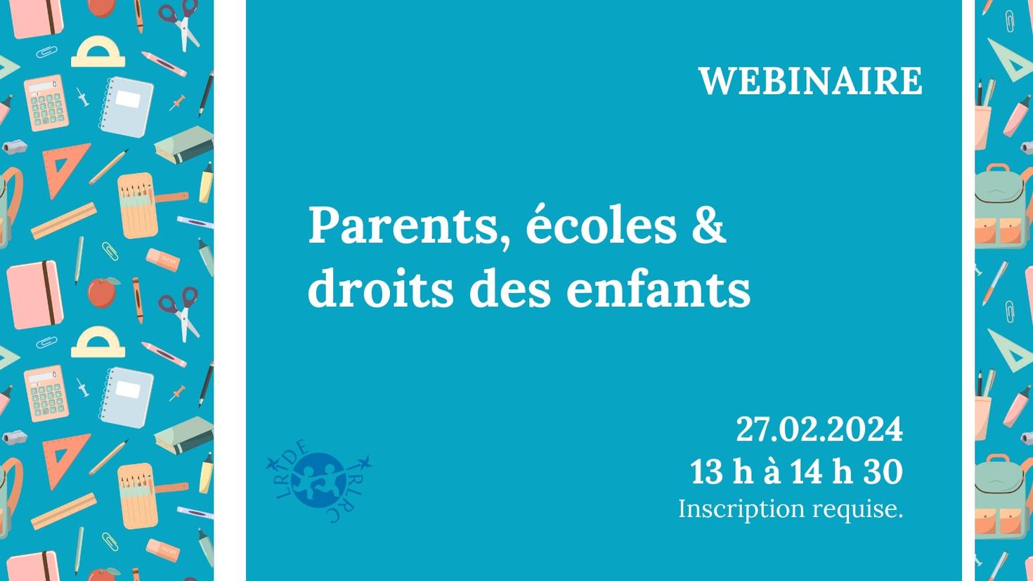 Image avec des fournitures scolaires pour le webinaire sur les parents, les écoles et les droits des enfants.
