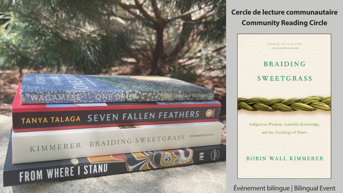 A stack of books sits on a ledge with spruce boughs in the background. The cover of the book Braiding Sweetgrass is inset.