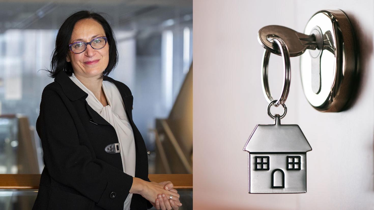 Professeur Delphine Nakache à côté d'une image d'une serrure avec une clé insérée