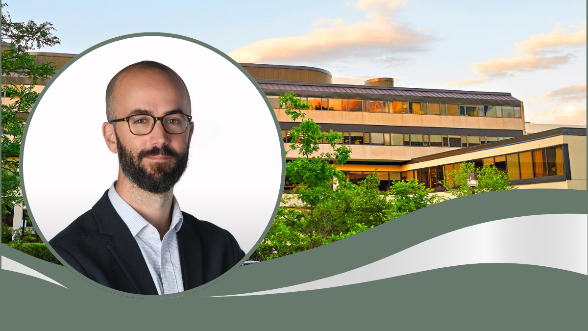 Professor Matt Malone (inset) against backdrop of Fauteux Hall, the law school building at uOttawa