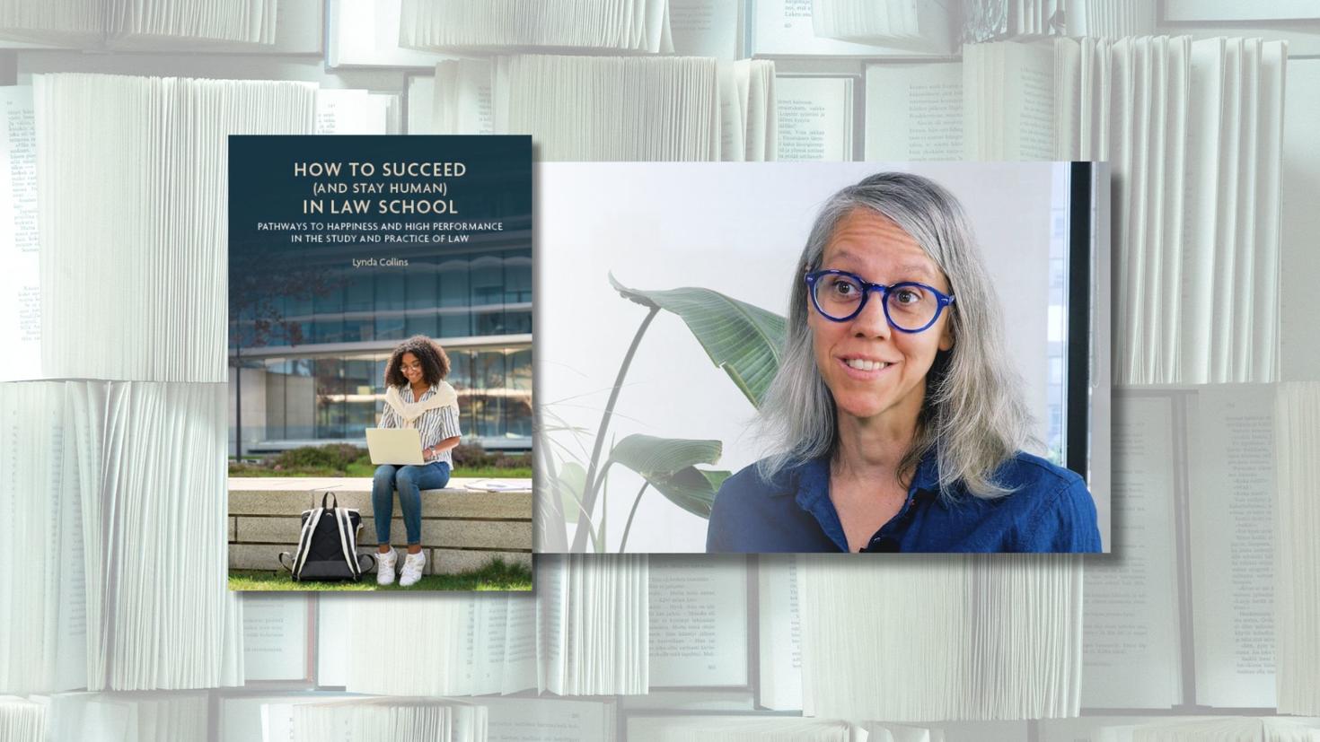 2 images, côte à côte. À gauche, la couverture d'un livre montrant une étudiante assise à l'extérieur avec un ordinateur portable sur les genoux. À droite, Lynda Collins