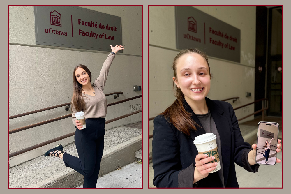 Une jeune femme se tient devant un bâtiment, avec une enseigne de la Faculté de droit de l’Université d’Ottawa en arrière-plan.