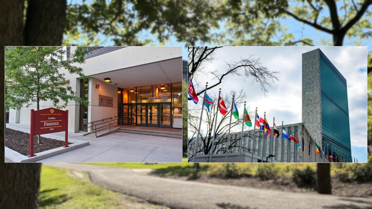 The front of Fauteux Hall and the UN building with many international flags