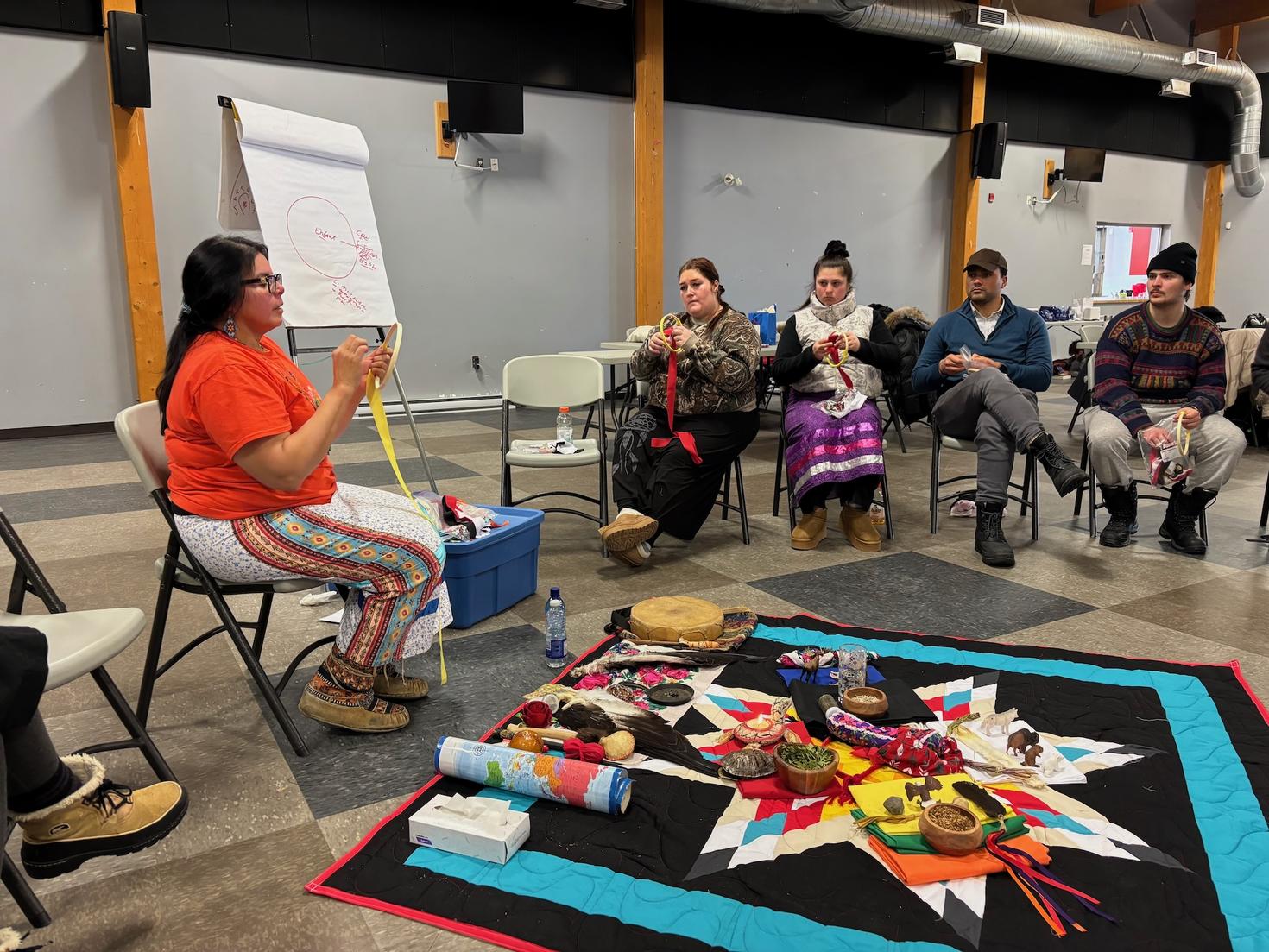 Marlene Jerome lors de sa présentation et de l’activité sur la roue de médecine au centre communautaire de Lac-Simon.