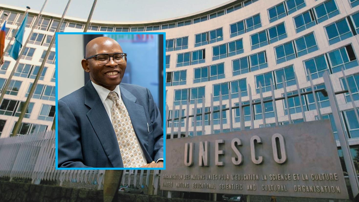 Professor Chidi Oguamanam inset against background of UNESCO building