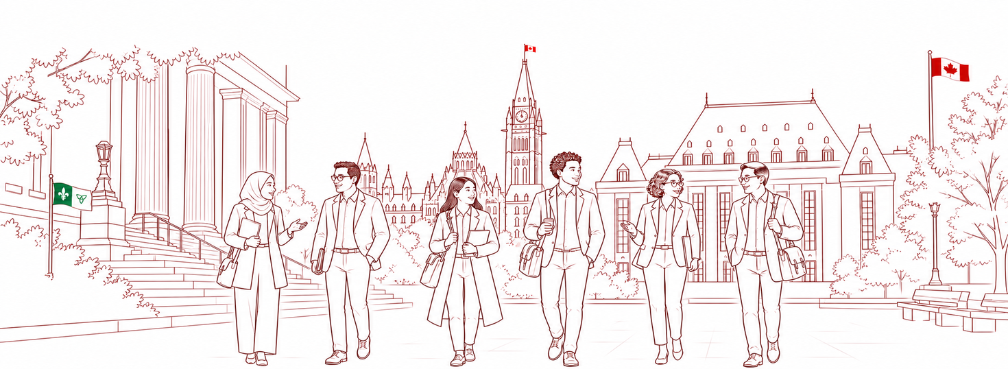 Image of students in front of Tabaret with the parlement and Supreme Court of Canada in the back