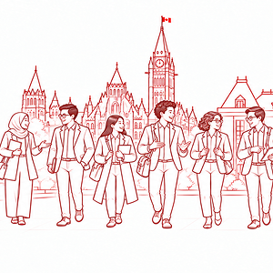 sketch of students walking in front of the parlement of Canada