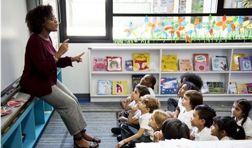Teacher reading a story in front of young children in classroom.
