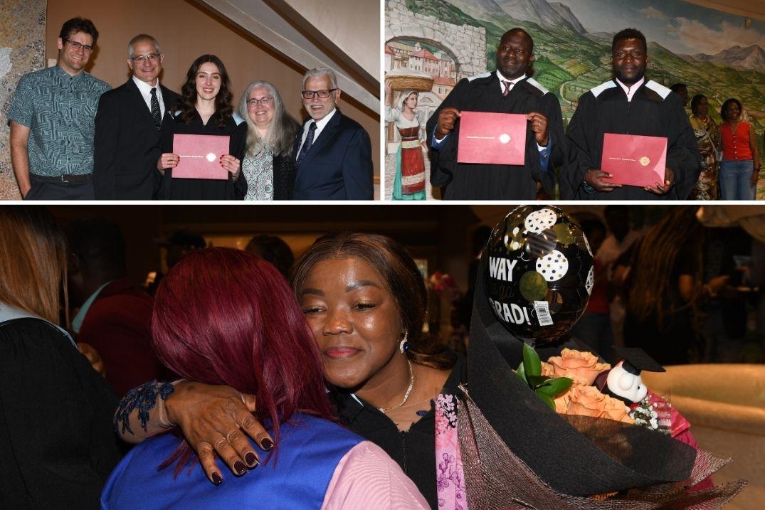 Collage of graduates holding diplomas and offering a hug.