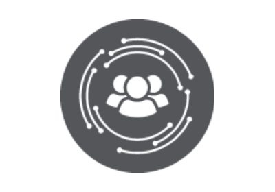 Grey icon for digital transformation, with three people surrounded by lines