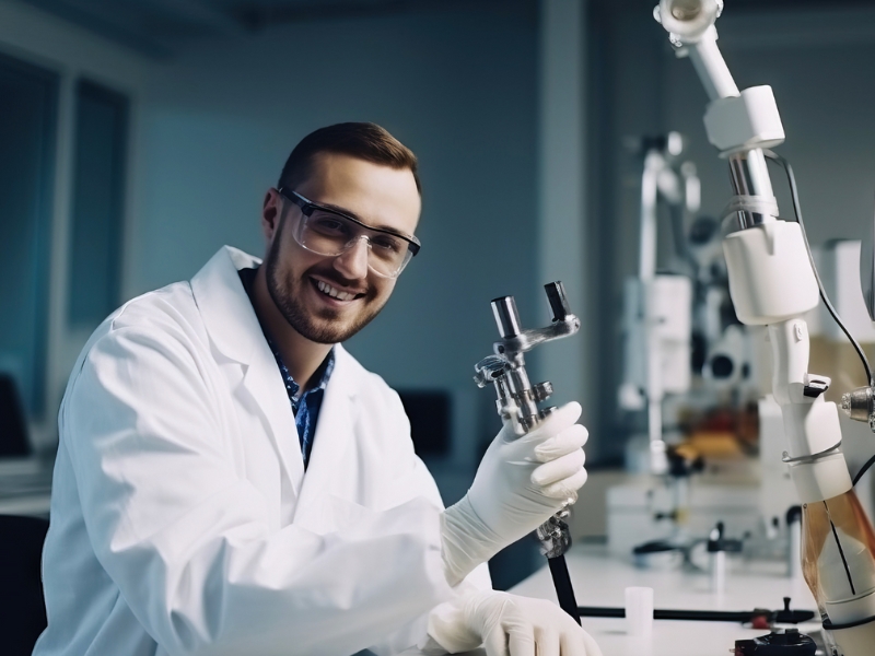 Une personne souriante tenant un équipement de laboratoire.