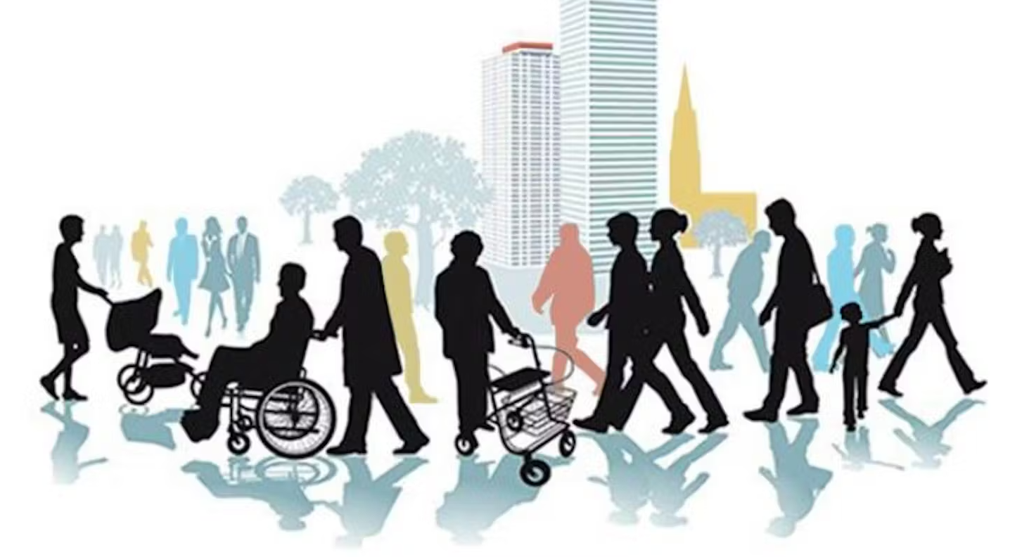 Illustration d'un groupe de personnes diverses marchant dans la rue 