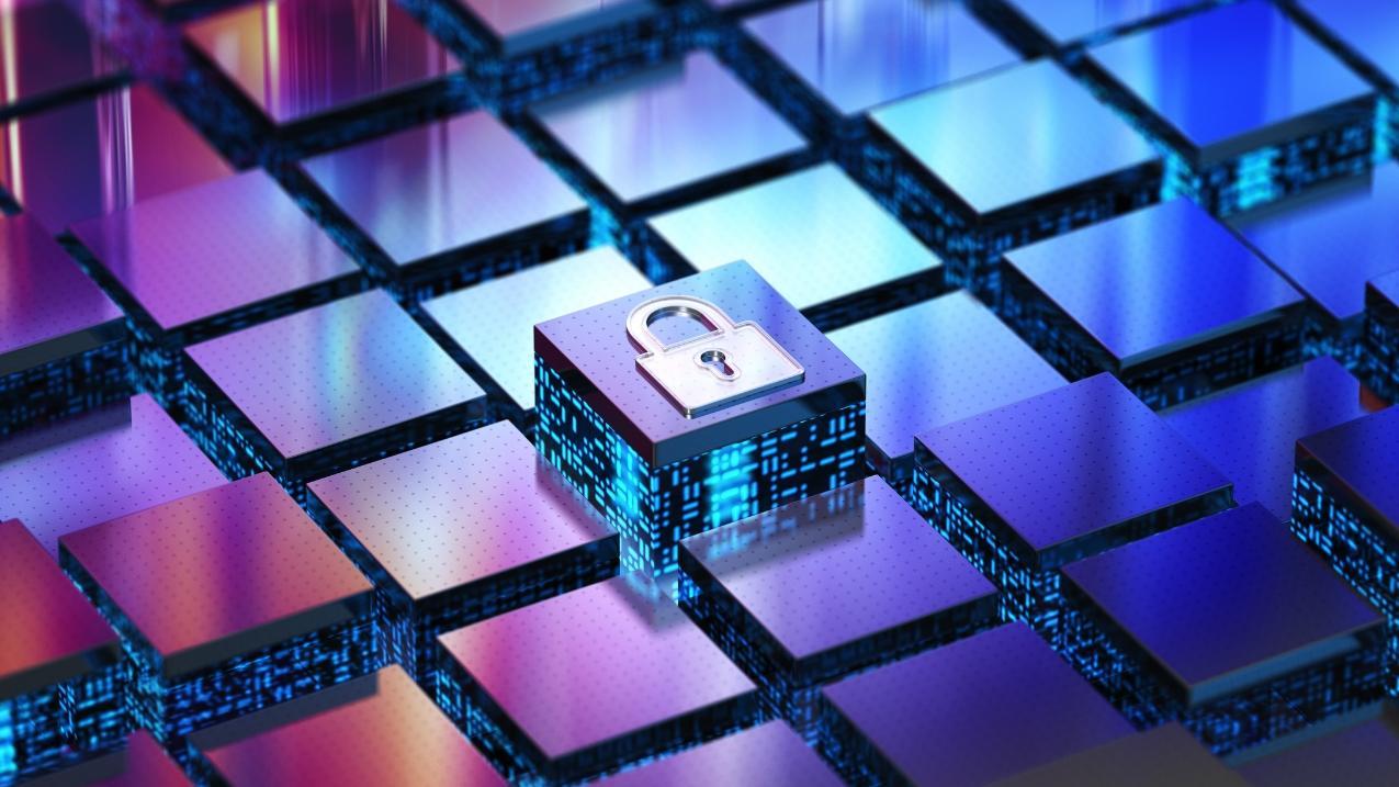 Vue aérienne d'un clavier avec une touche 3D comportant l'icône d'un cadenas.