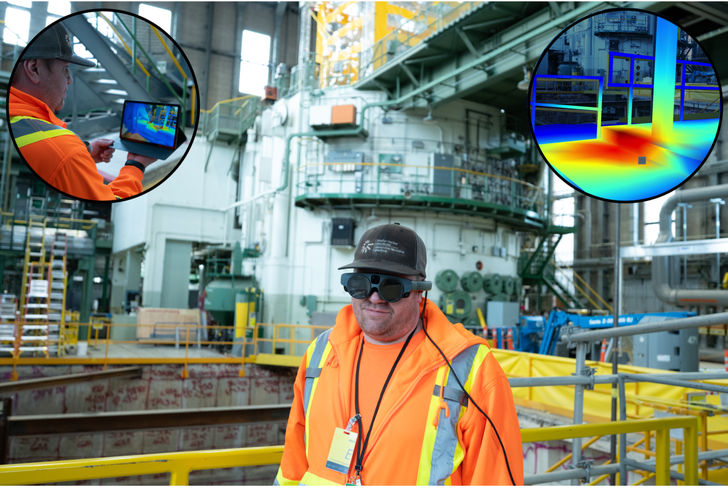 Un ouvrier industriel utilisant des lunettes AR et une tablette pour visualiser une carte thermique numérique superposée dans un laboratoire nucléaire.