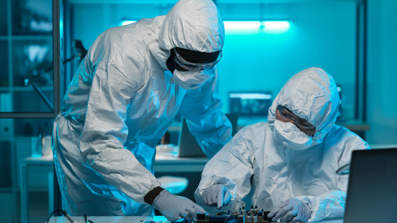 Deux personnes portant des vêtements protecteurs et travaillant avec des échantillons dans un laboratoire de génie.