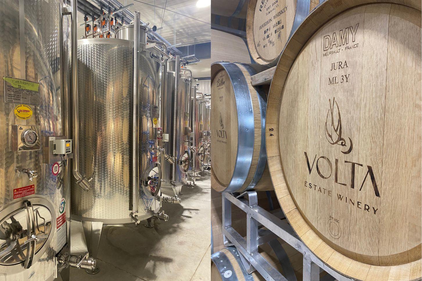 A split-frame view contrasting stainless steel fermentation tanks on the left with oak aging barrels on the right at Volta Estate Winery, illustrating the transition from primary fermentation to flavor development.