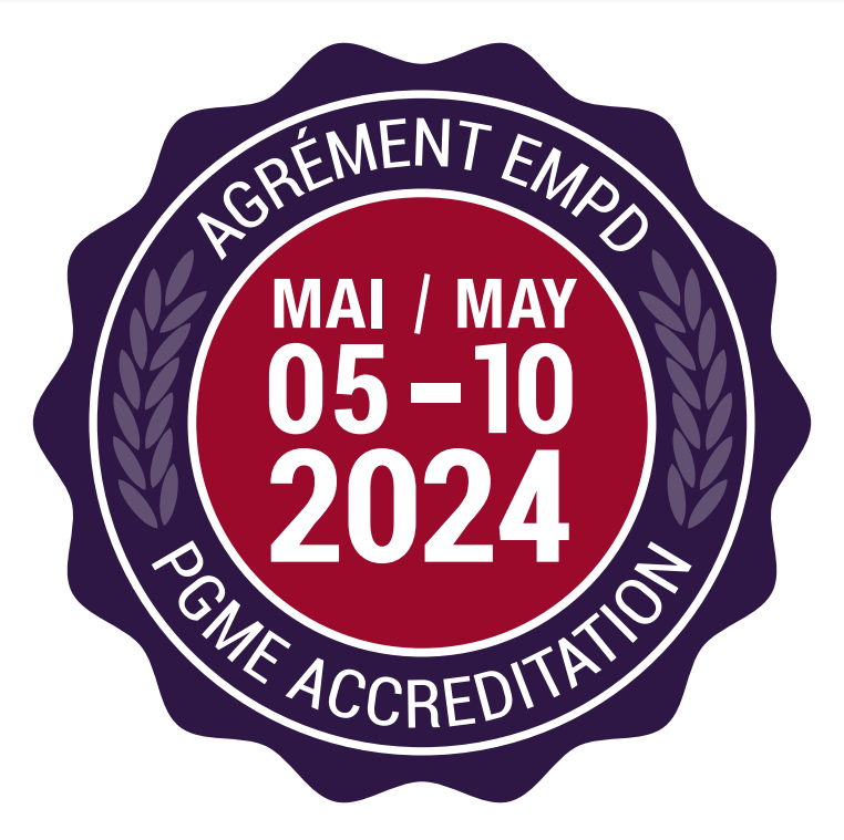 purple circle with red button that reads PGME Accreditation May 05 to 10 2024