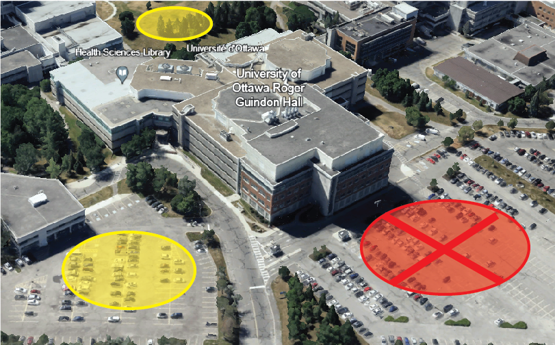 La carte montrant les deux zones de rassemblement près du pavillon RGN.