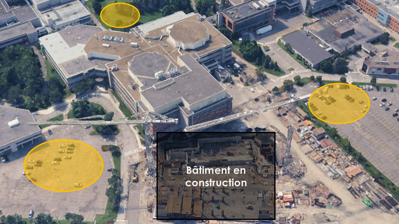 Une image du pavillon RGN et des alentours montrant les zones de rassemblement en cas d'urgence.