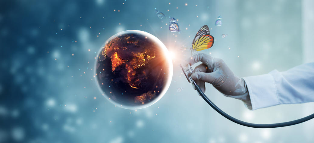 La Terre, la nuit, est examinée par un médecin avec un stéthoscope.