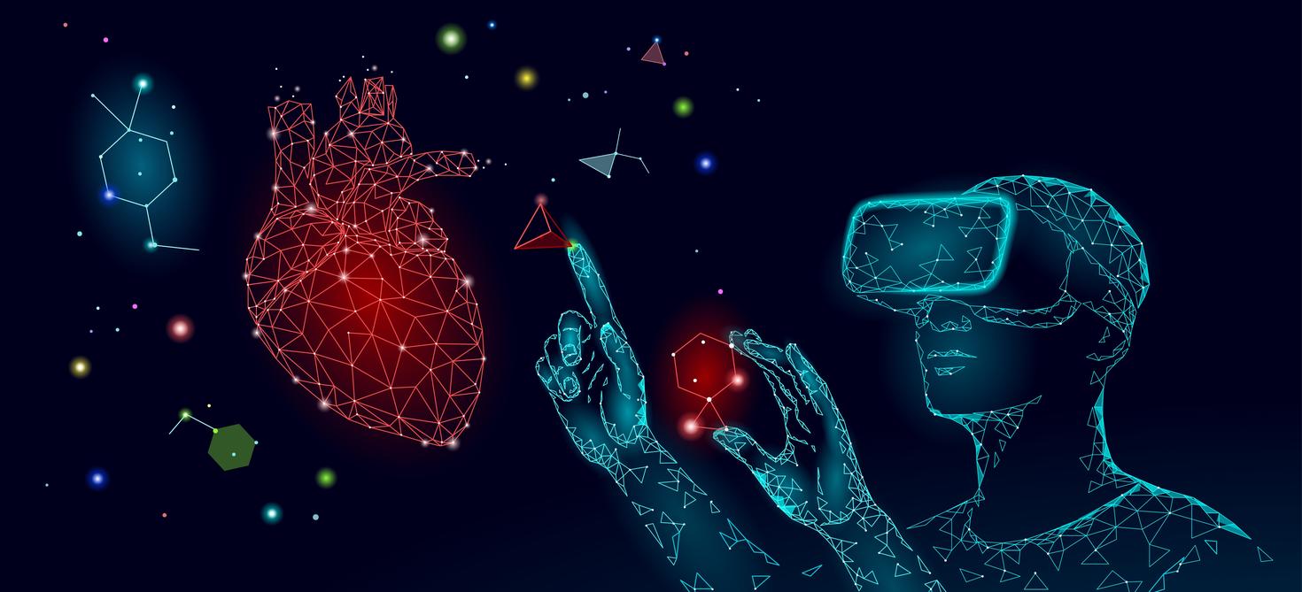 Casque VR projection holographique lunettes de réalité virtuelle. Médecine futuriste cœur analyse santé laboratoire médecin à distance en ligne illustration vectorielle.