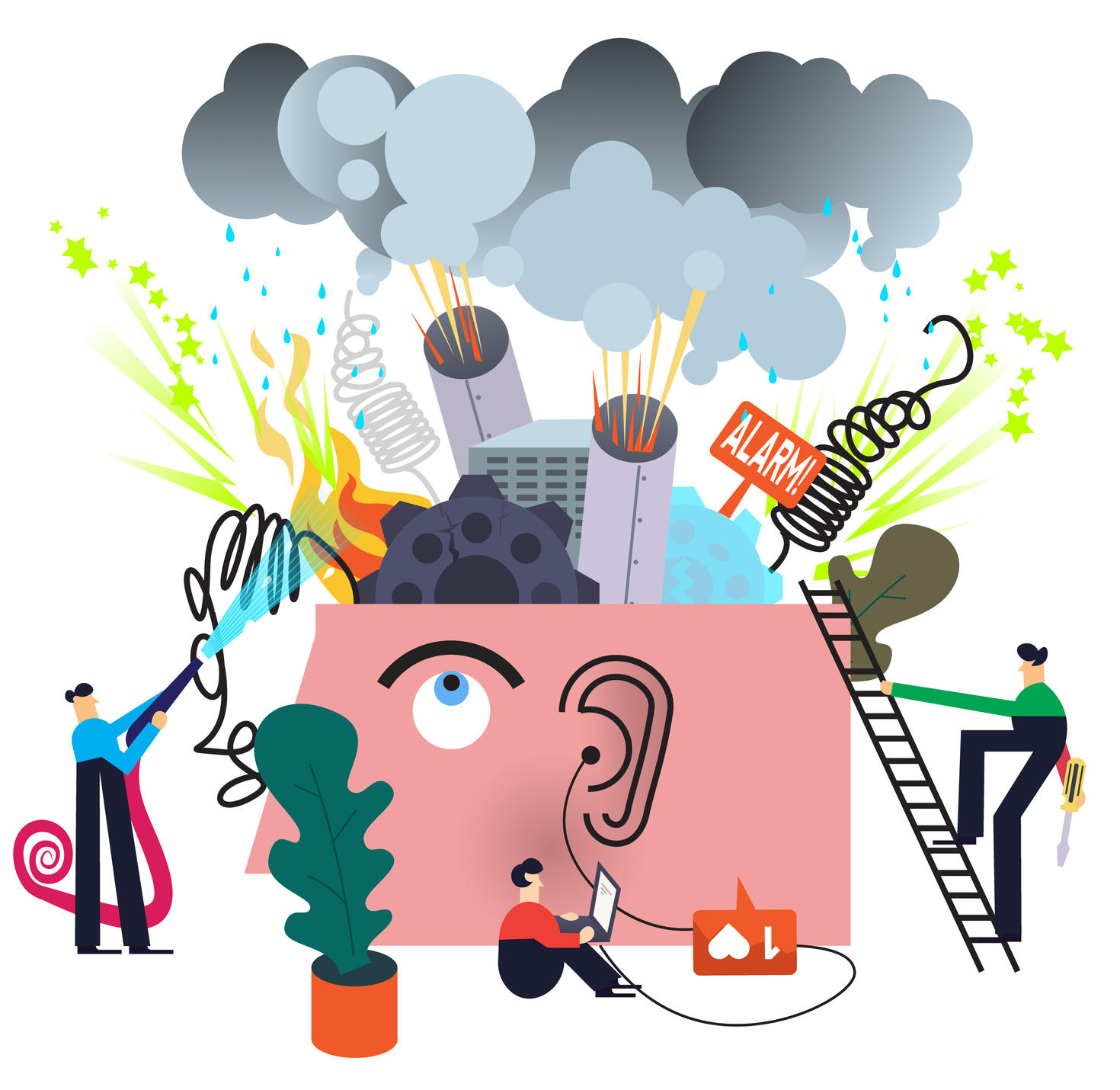 Cerveau stressé d'où s'échappe de la fumée, entouré d'éléments chaotiques tels que des éclairs, et de personnes essayant de maîtriser cette agitation