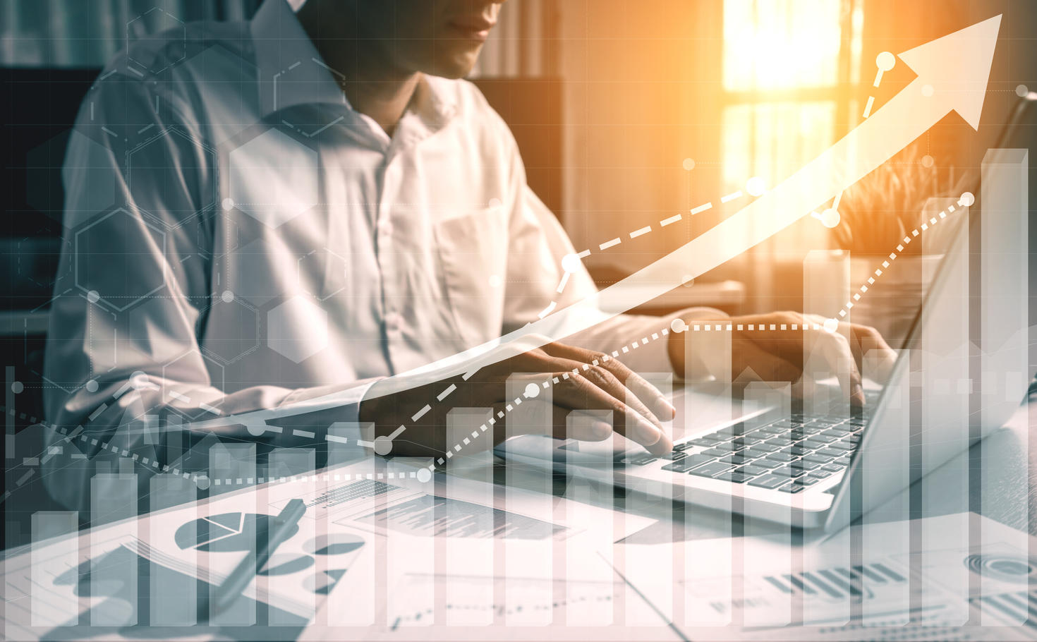 Double Exposure Image of Business and Finance - Businessman with report chart up forward to financial profit growth of stock market investment