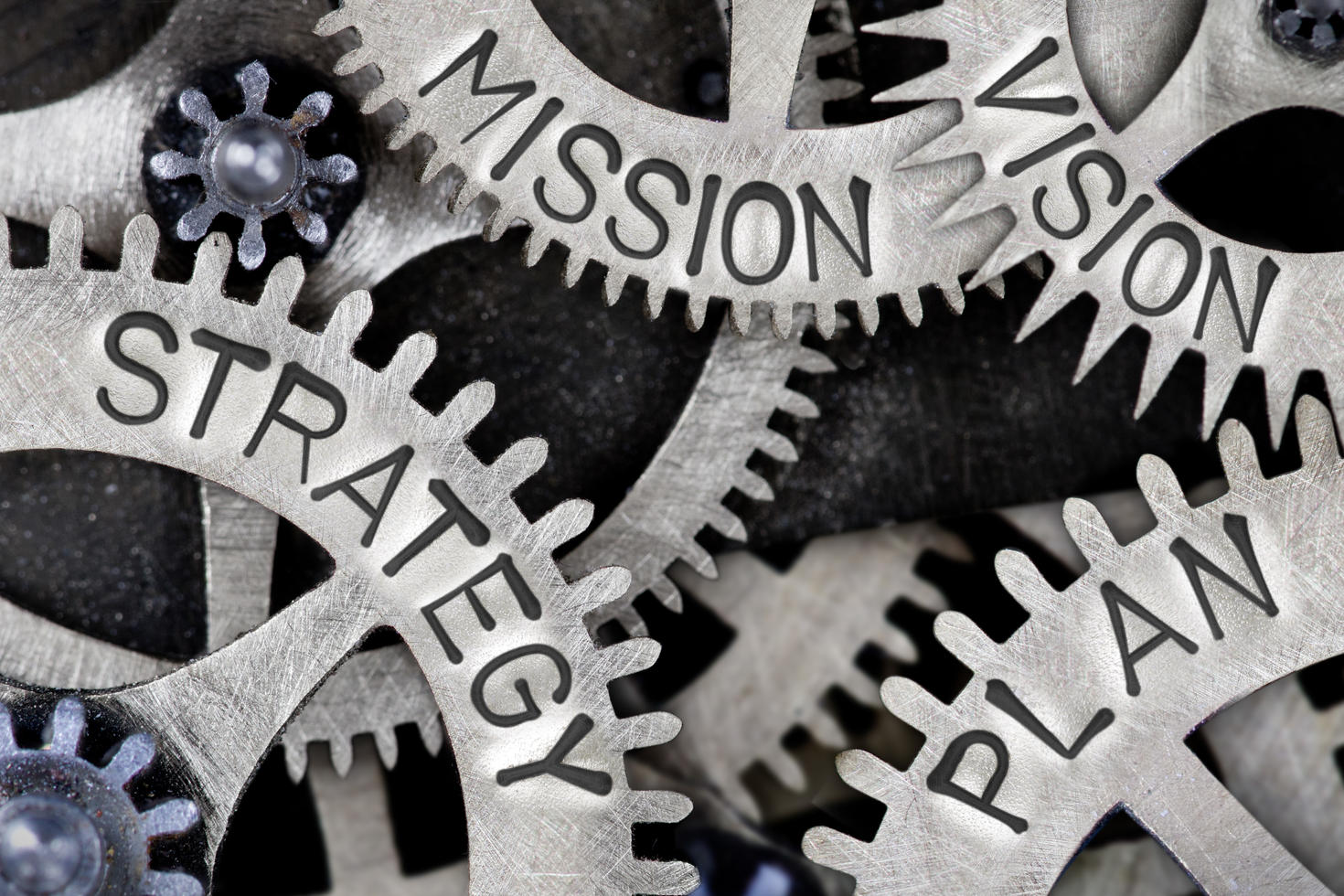 Macro photo d'un mécanisme de roue dentée avec les mots conceptuels STRATEGIE, MISSION, VISION et PLAN