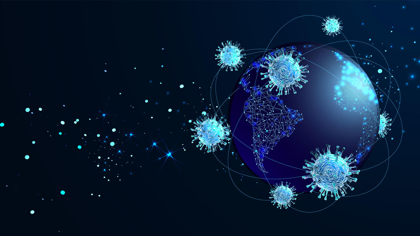 Virus bleu covid-19 flottant autour d'une image sombre de la terre.