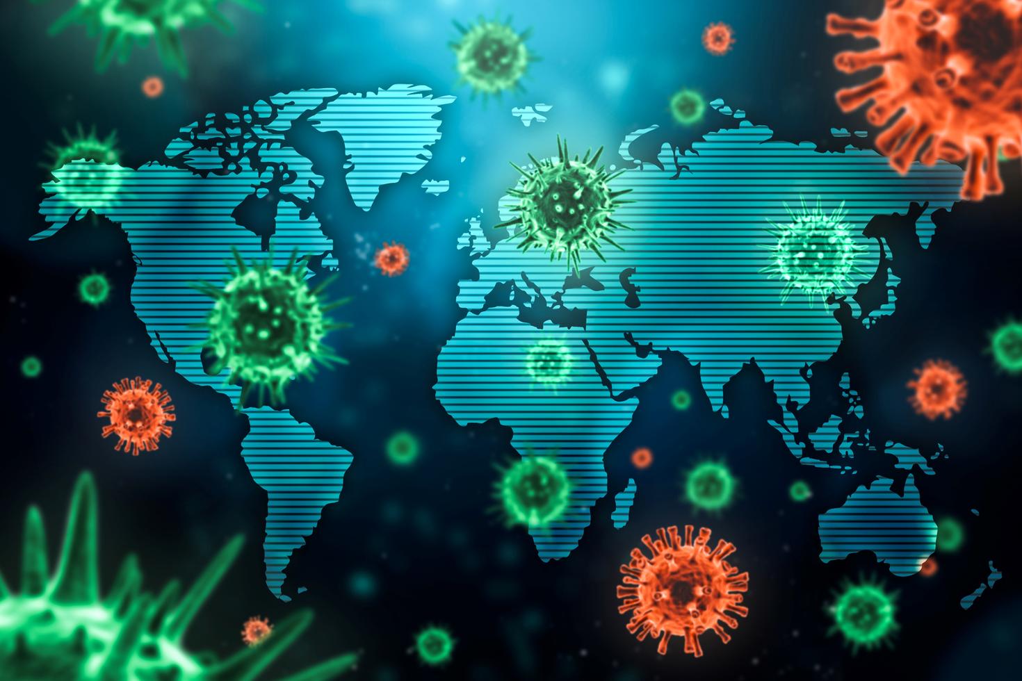 Illustration d’une carte du monde superposée à des particules virales, représentant la propagation mondiale des maladies infectieuses.