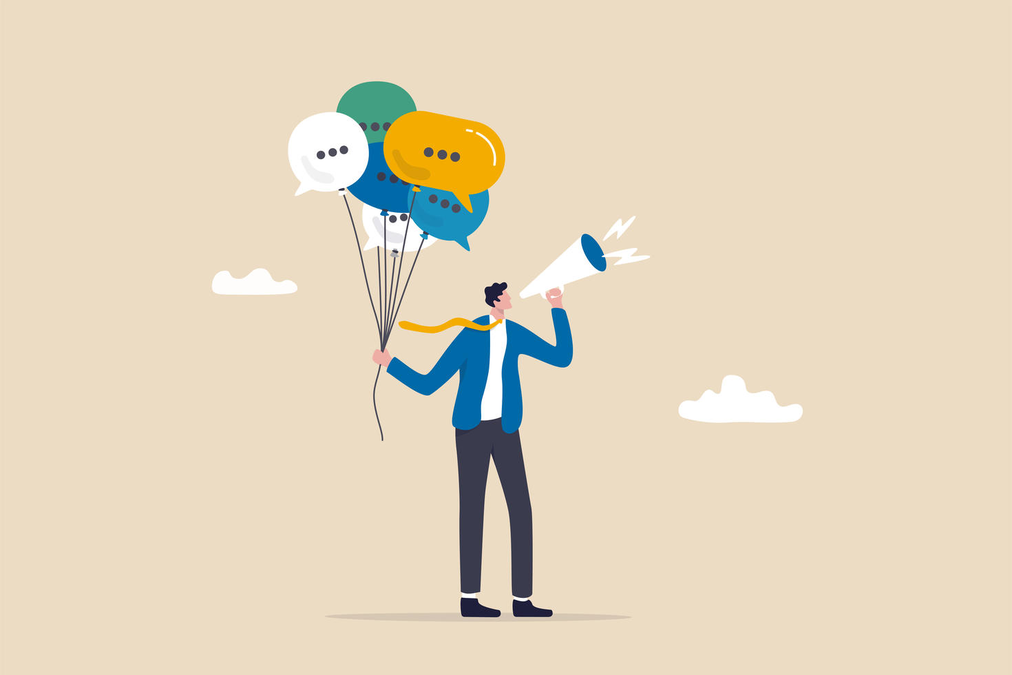 Illustration d’une personne gérant plusieurs canaux de communication, avec des bulles de dialogue et des icônes de messagerie au-dessus.