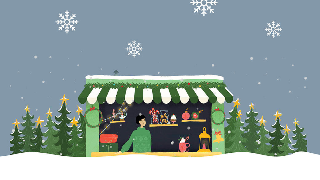 Marché des fêtes avec magasin, arbres et neige