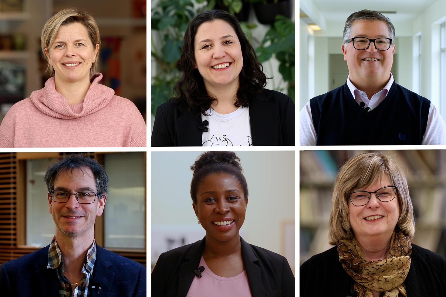 Scientifiques francophones à l'Université d'Ottawa. Rangée du haut : Stéphanie Gaudet, Janaína Nazzari Gomes, François Larocque. Rangée du bas : André Lecous, Mwali Muray et Lucie Hotte.