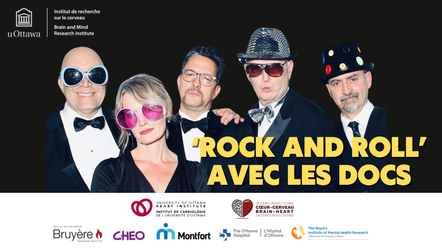 Fond noir avec une photo du groupe Phenotype. Le texte jaune indique « ‘rock and roll’ avec les docs ». Le logo I'RCuO et ses sponsors sont répertoriés en bas.