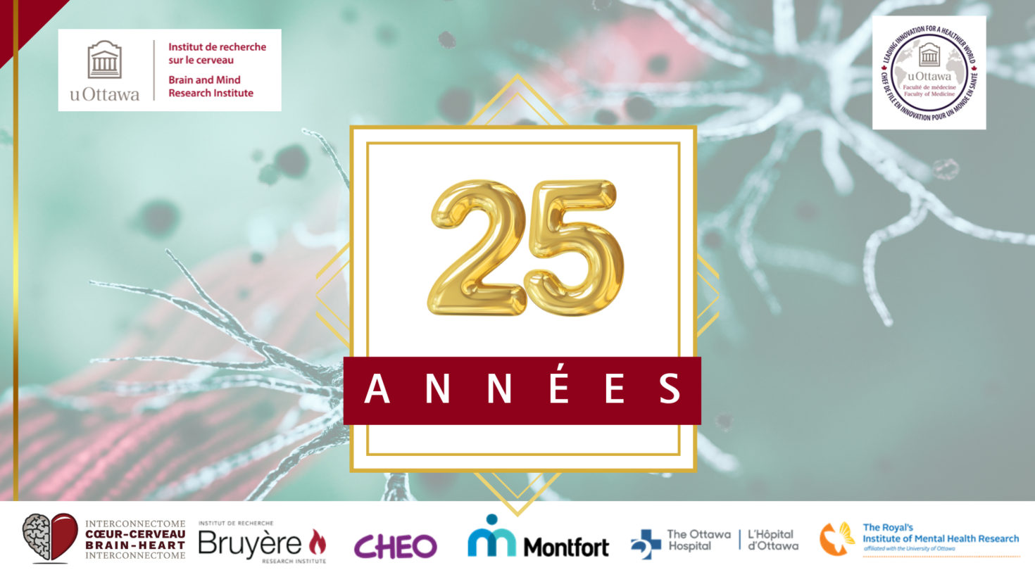 Le texte au milieu du graphique indique « 25 ans ». Avec une image d'arrière-plan de neurones avec le logo de l'uOBMRI et de la Faculté de médecine.