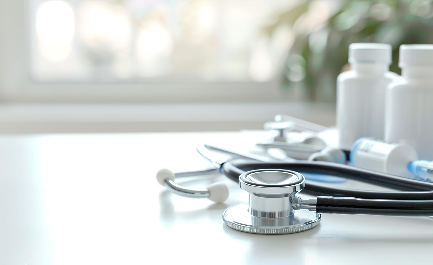 Stéthoscope et médicaments sur une table