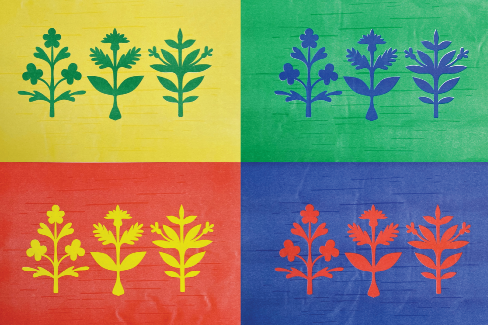 Œuvre colorée représentant des découpages de plantes médicinales autochtones.