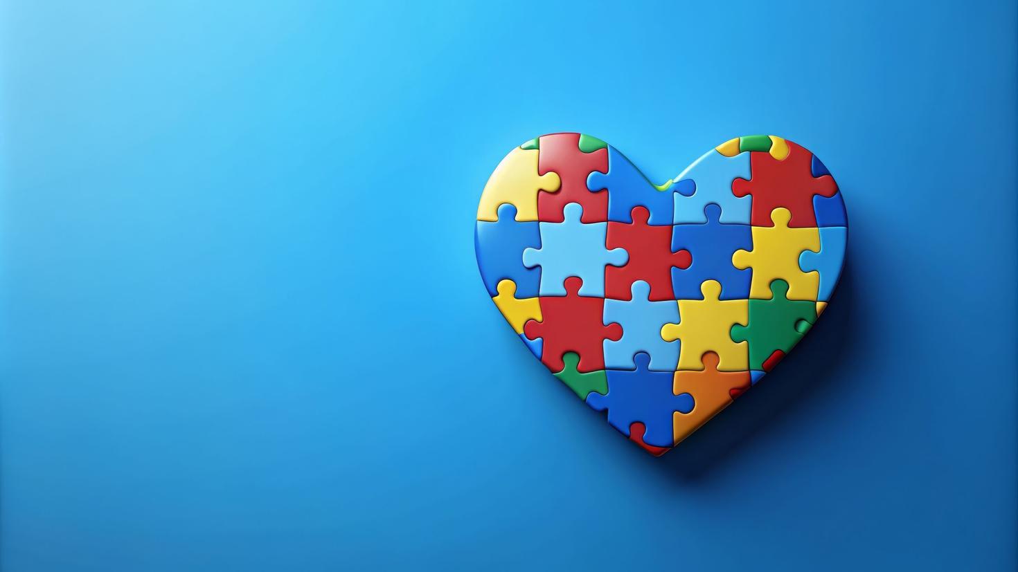 Cœur composé de pièces de puzzle colorées qui s'emboîtent les unes dans les autres, sur fond bleu.