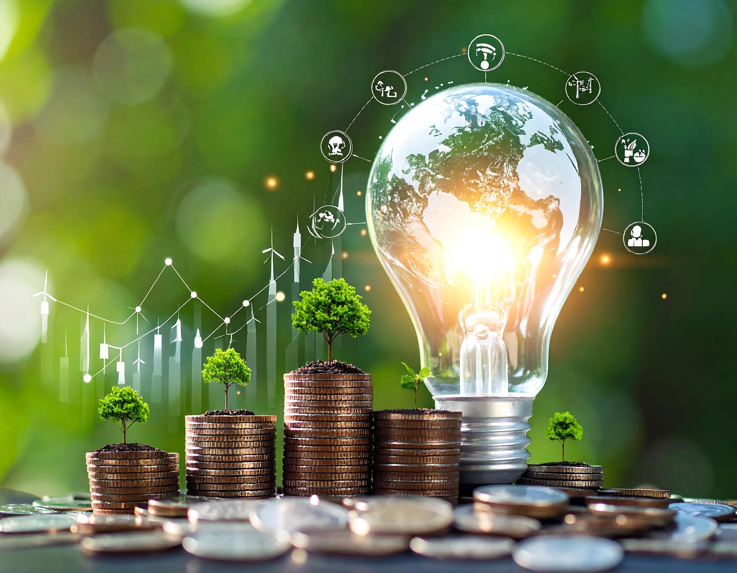 Croissance verte et investissement durable illustrés par arbres, pièces et ampoule-Terre.
