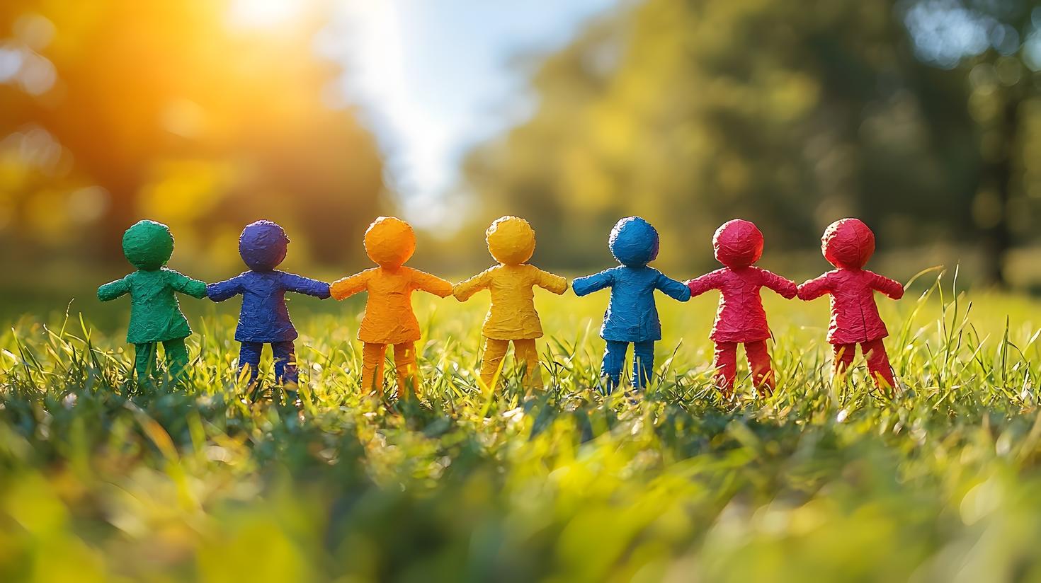 Des silhouettes colorées en papier découpé se tenant par la main en rang sur l’herbe, symbolisant la diversité, l’unité et l’inclusion sous une lumière ensoleillée et chaleureuse.