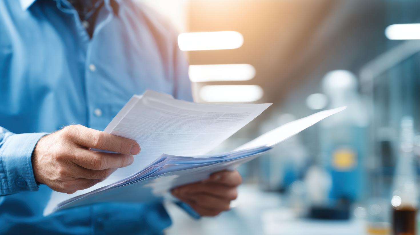 Personne examinant des documents imprimés dans un environnement de bureau professionnel.