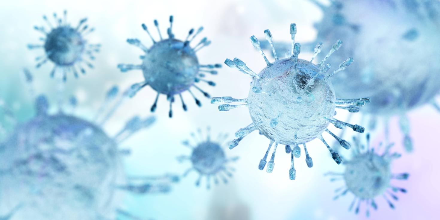 Gros plan d’un virus sur fond flou, infection par une nouvelle souche, bactérie infectieuse, rendu 3D.
