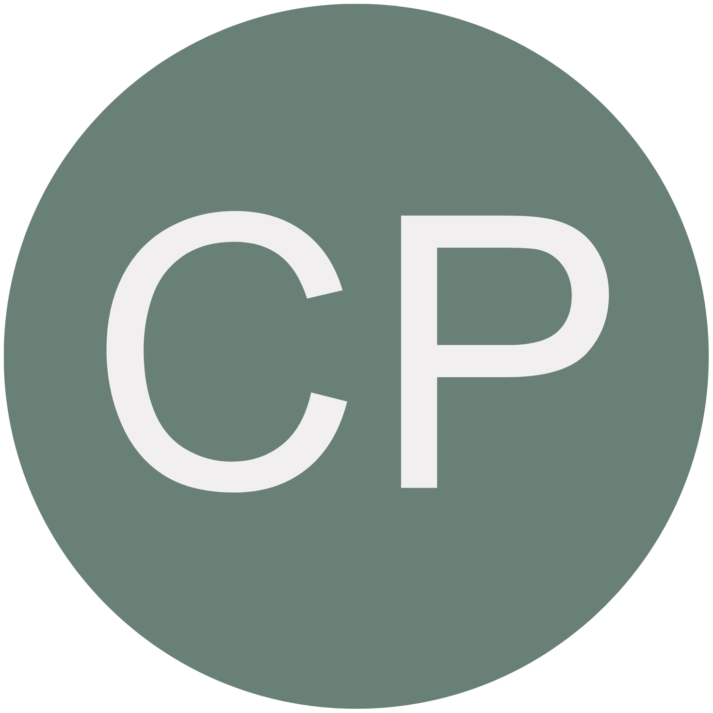 Un grand cercle vert affiche les lettres majuscules C P en gros caractères blancs et gras, représentant les initiales de la Dre Cassandra Poulin plutôt qu’une photo.