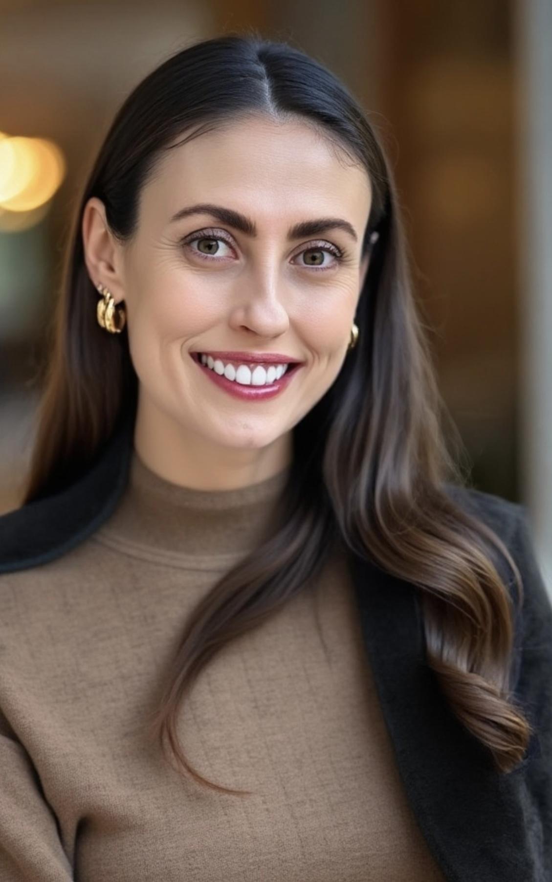 Dre Elena Paraskevopoulos, souriante, portant de grosses boucles d'oreilles en anneau dorées, un pull marron et du rouge à lèvres rose prune, sur un arrière-plan flou