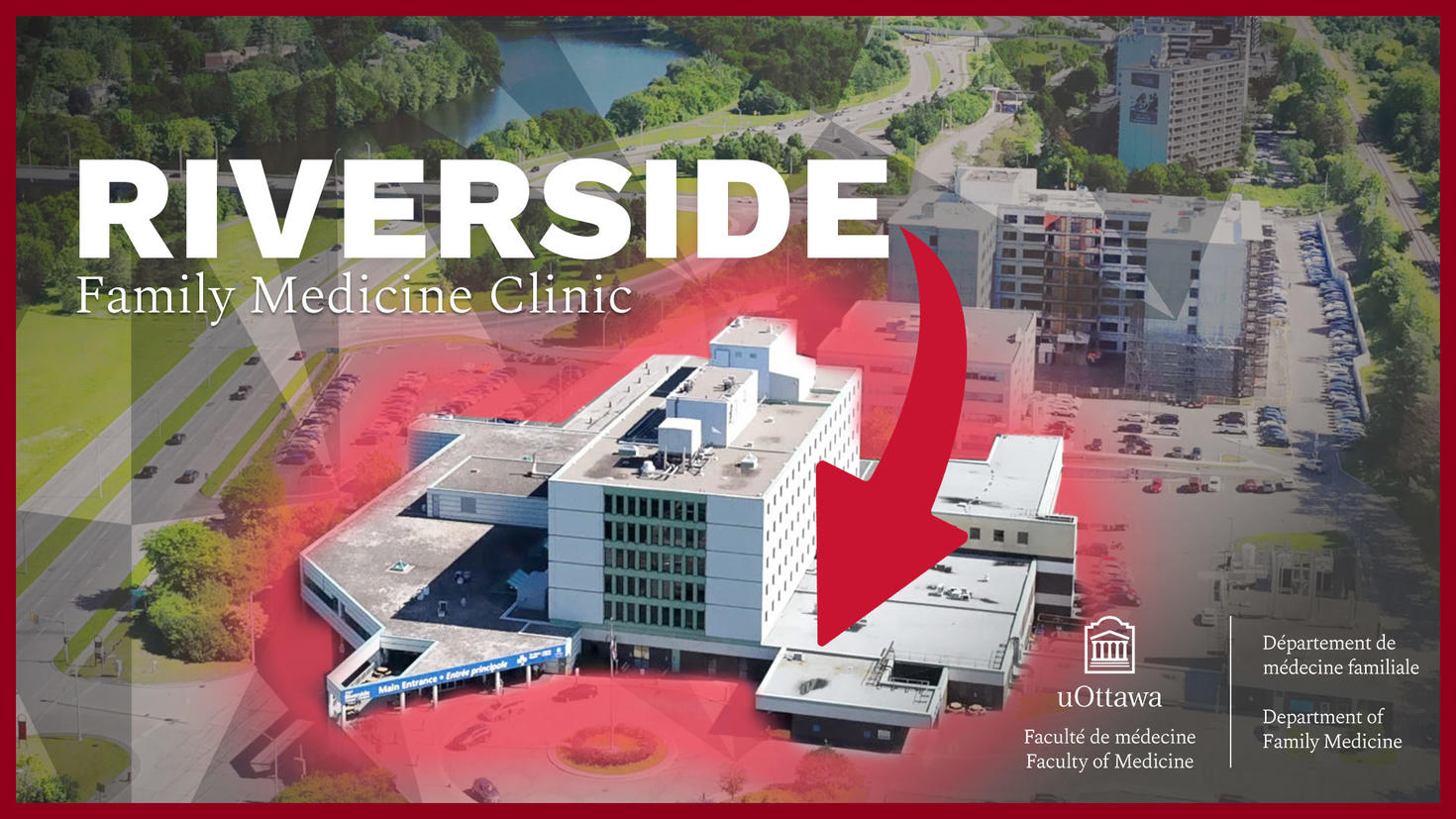 Une vue aérienne de l'hôpital Riverside en été.