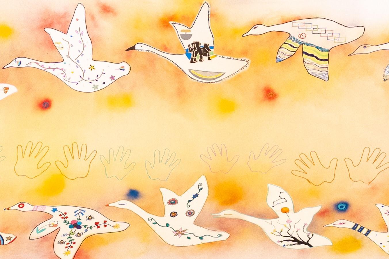 Artwork showing several illustrated birds decorated with flowers and patterns flying across a warm-toned background above a row of outlined handprints.