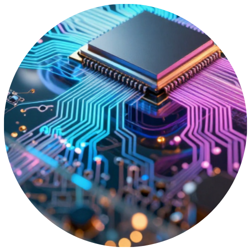 Puce informatique entourée de circuits lumineux bleus et violets
