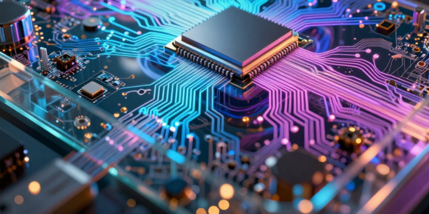 Puce informatique entourée de circuits lumineux bleus et violets