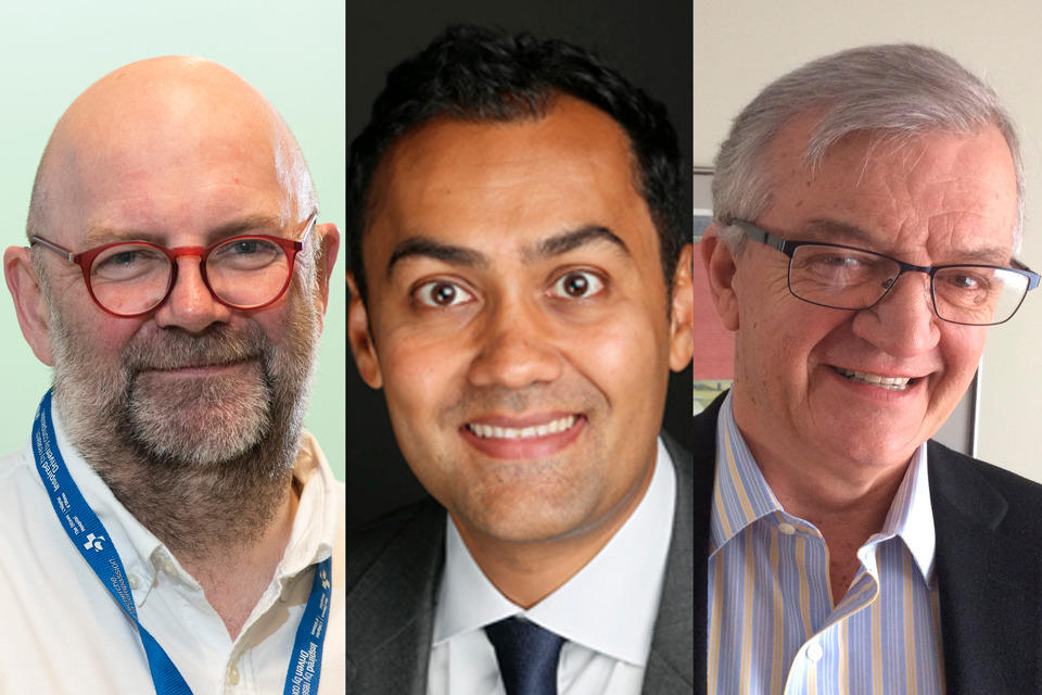 Photo de Dr Jeremy Grimshaw, Dr Sacha Bhatia et Brian Johnston.
